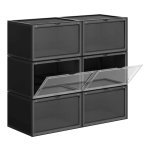 schoendozen, set van 6, stapelbare schoen organizers, plastic dozen met transparante deur, schoenopslag, zwart, LSP06CB