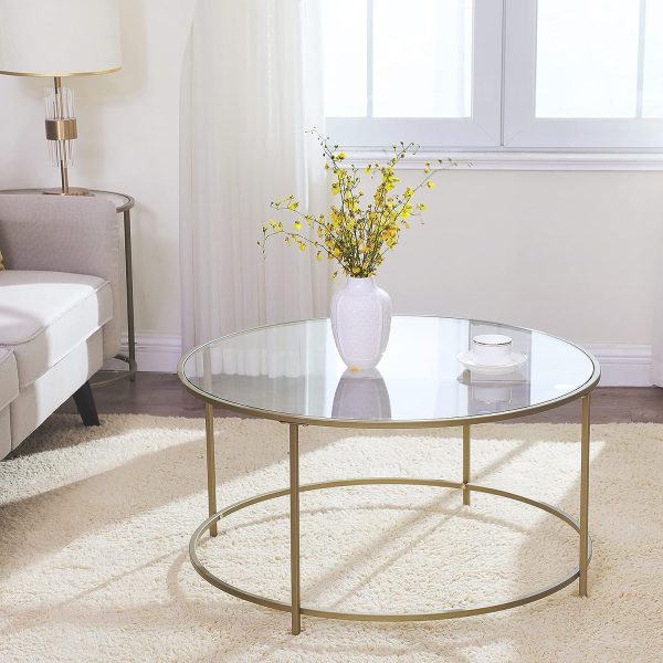 Salontafel, bijzettafel rond, koffietafel, glazen tafel met metalen frame, gehard glas, goud, LGT21G