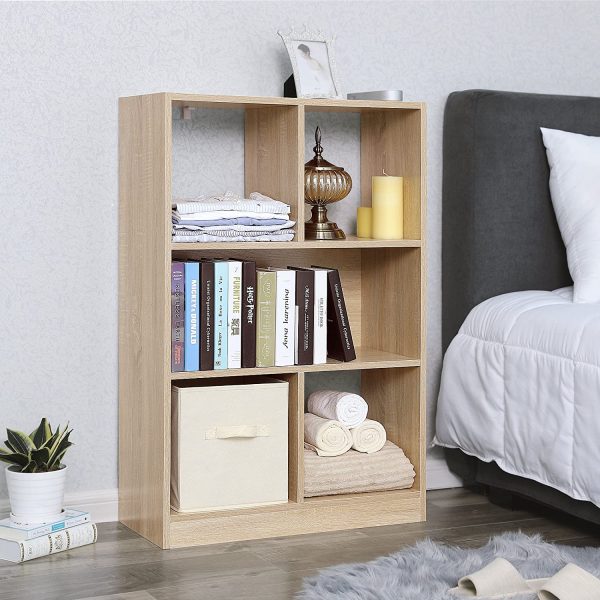 Wooden Bookcase with Open Cubes and Shelves