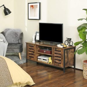tv-meubel, tv-console met planken, kast met opbergruimte, deuren met lamellen, voor woonkamer, entertainmentkamer, rustiek bruin en zwart