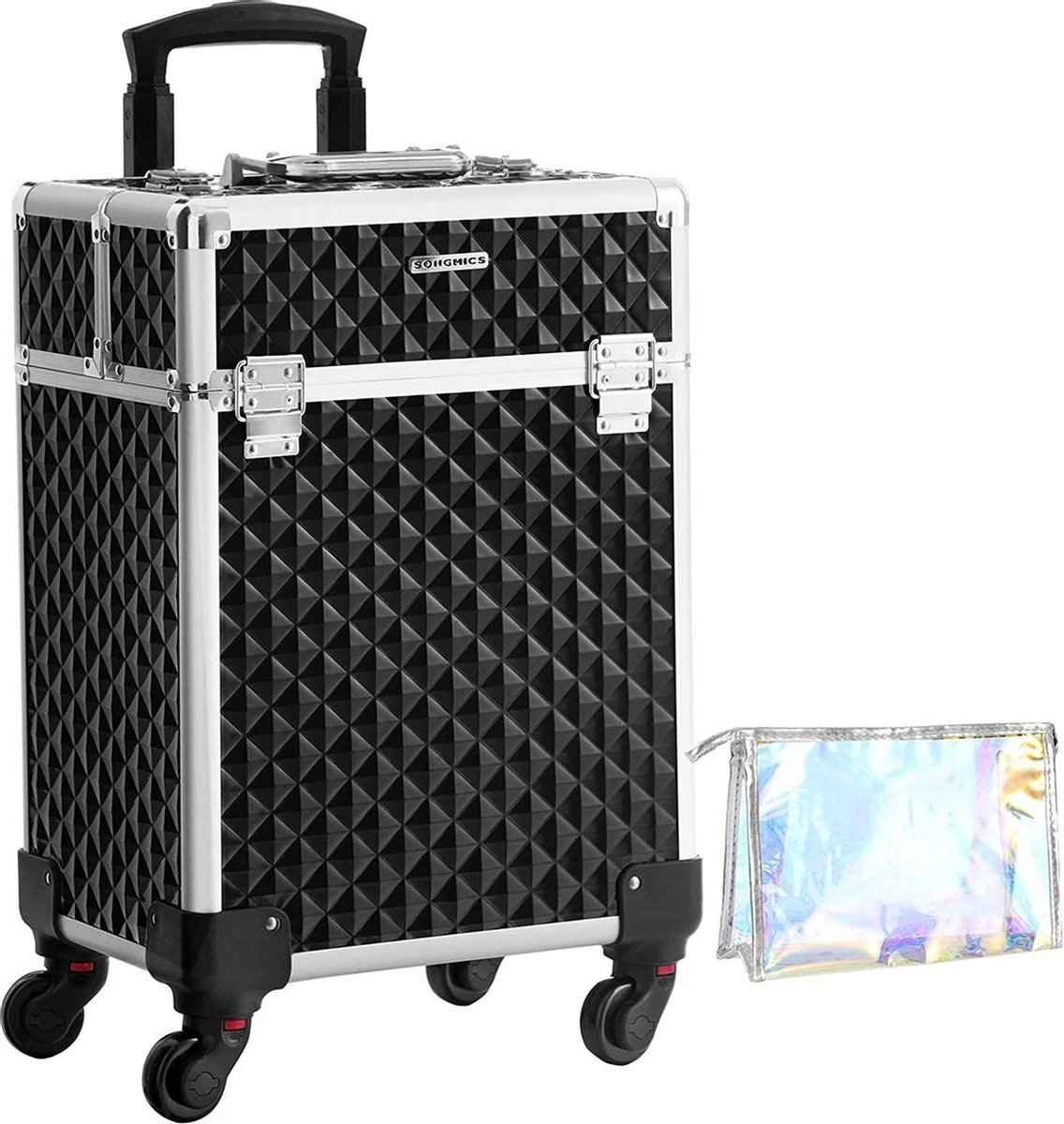 Deens Luipaard Extractie Cosmetische koffer, trolley, make-up case met handvat, 4 universele wielen,  4 uitschuifbare dienbladen, make-up tas, voor reizen, zwart - SimpleDeal.nl