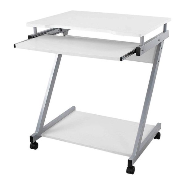Z-vormig computerbureau, bureau, compact bureau, eenvoudig te monteren, wielen met remmen, 54 x 26 cm toetsenbordverlenging, kantoor, studeerkamer, wit
