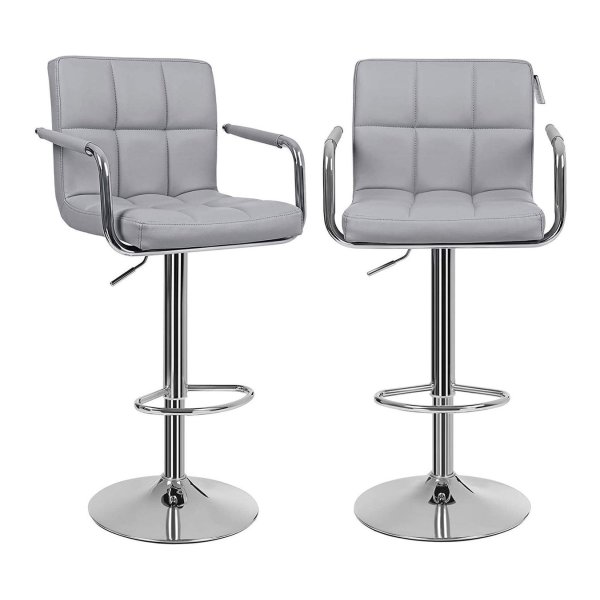 Set Van 2 Luxe Barstoelen - Kunstleer/ Chroom - In Hoogte Verstelbaar - Lichtgrijs - 38,5 X 44,5 X 115 Cm