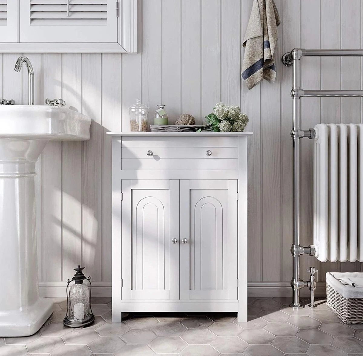 ZAZA Home badkamermeubel, badkamermeubel met lade en verstelbare plank, landelijke keukenkast, houten opbergkast, wit, 60 x 80 x 30 cm (B x D), BBC61WT - SimpleDeal.nl