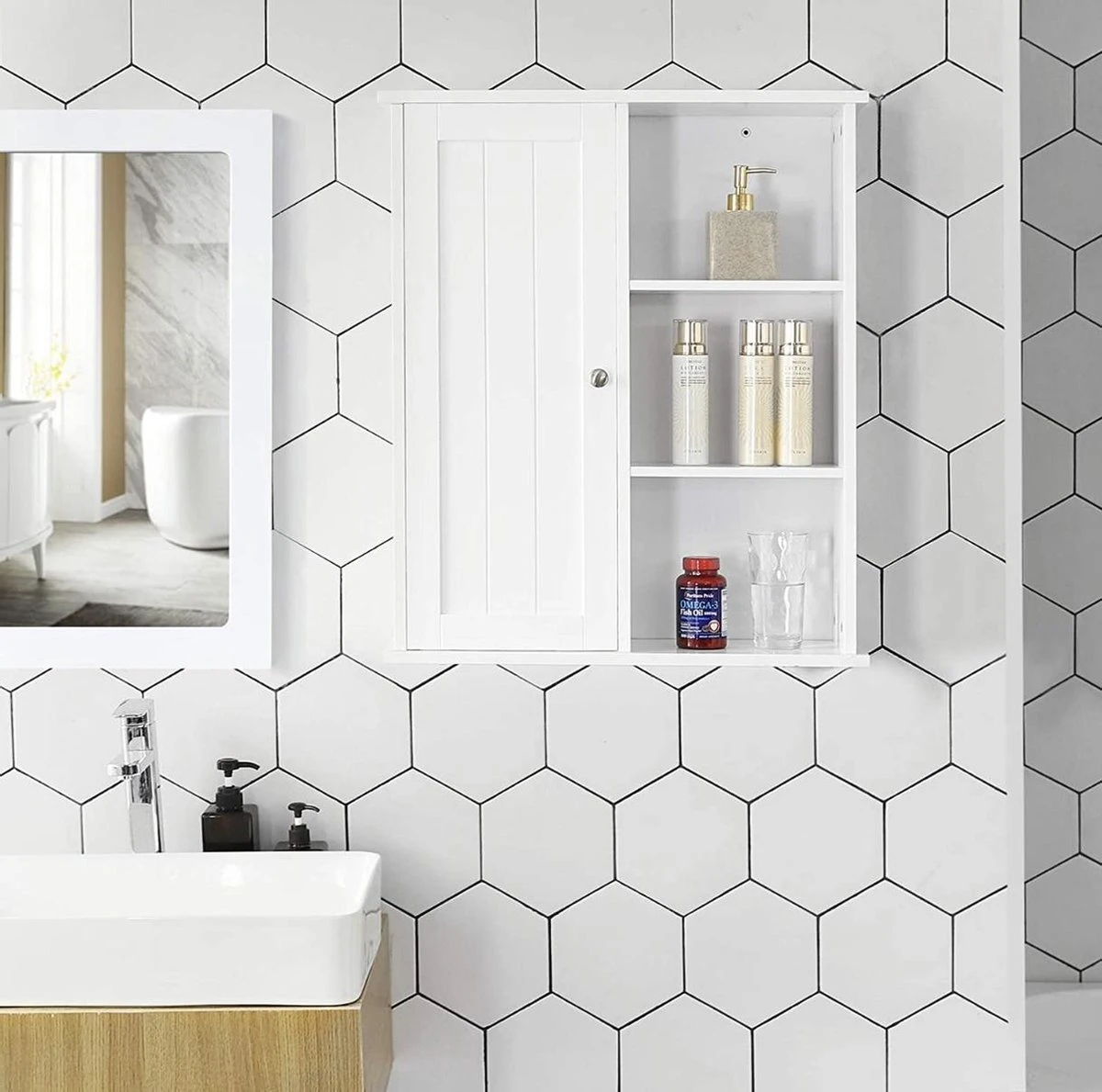 ZAZA Home kast wandkast wandkast badkamerkast keukenkast plank opslag met deur en plank wit x 71 x 18 cm (B x H x D) BBC20WT - SimpleDeal.nl