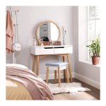 ZAZA Home Make-uptafel, moderne kaptafel, 2 grote laden met rails, met ovale spiegel, afwasbare krukafdekking, wit en naturel-Make-up Tafel Voor Vrouwen - Kaptafels- Wit -toilettafel