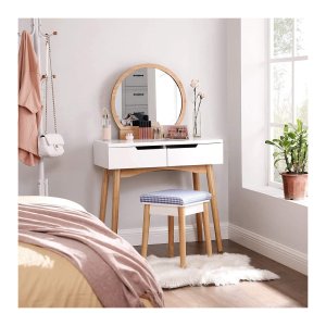 ZAZA Home Make-uptafel, moderne kaptafel, 2 grote laden met rails, met ovale spiegel, afwasbare krukafdekking, wit en naturel-Make-up Tafel Voor Vrouwen - Kaptafels- Wit -toilettafel