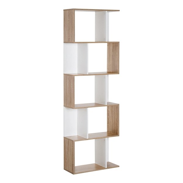 Boekenrek van hout met vijf planken voor opbergen van boeken en decoratieve items.