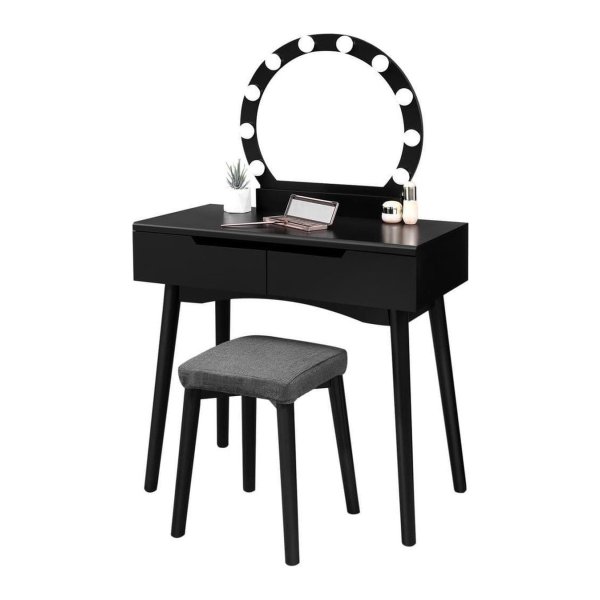 Kaptafel met Spiegel en Verlichting – Make-up Tafel met 2 Laden en Kruk – Zwart