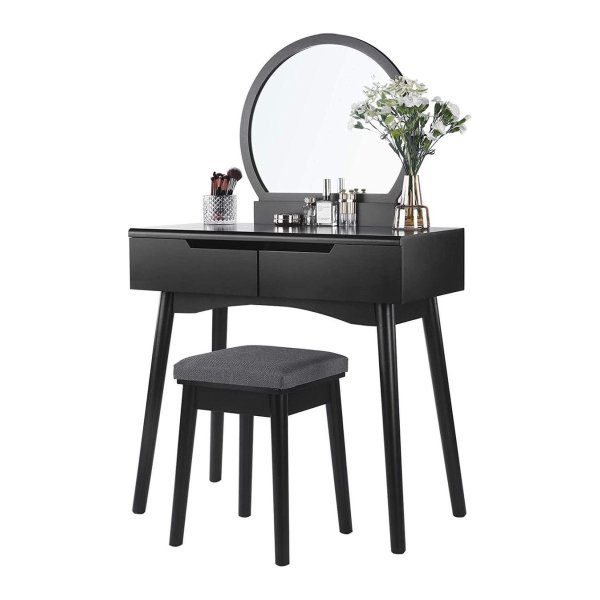 ZAZA Home Moderne kaptafel Sunflower, 2 grote laden met rails, kaptafel met ronde spiegel en kruk, kaptafel, zwart,