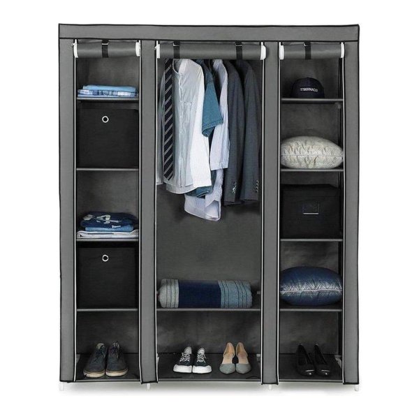 Kledingkast – Stabiele garderobe met kledingstang en rekken – Grijs