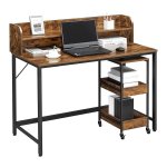 Computerbureau, Bureau Met Monitorstandaard, Gat Voor Kabel, Kantoorset, 3-Laags Rolwagen, Stalen Frame, İndustriële Stijl, Vintage Bruin-Zwart Lwd066B01
