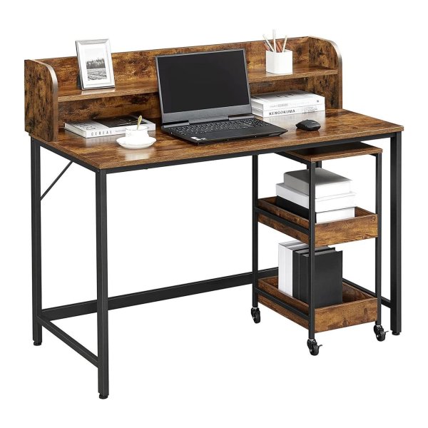 Computerbureau, Bureau Met Monitorstandaard, Gat Voor Kabel, Kantoorset, 3-Laags Rolwagen, Stalen Frame, İndustriële Stijl, Vintage Bruin-Zwart Lwd066B01
