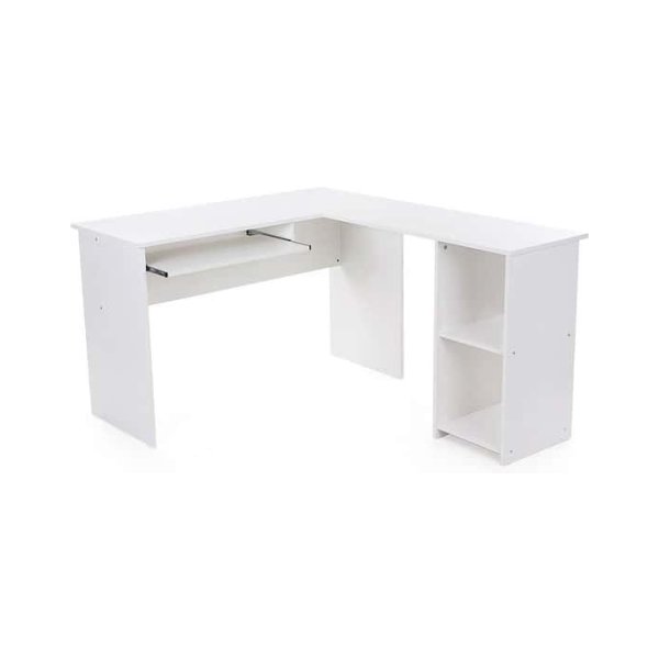 Bureau Grote Computertafel, Stabiel Hoekbureau, Pc-Tafel, Eenvoudige Montage, 140 X 120 Cm, Hoekcombinatie, Kantoortafel Met 2 Planken En Toetsenborduitschuifbaar, Wit