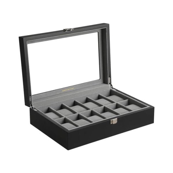 Horlogedoos - LuxeWatch - Houten - Glazen Deksel - Zwart