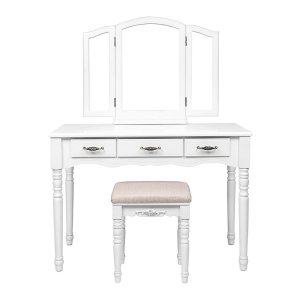 Grote Kaptafel Cosmetische Tafel Kaptafel Met Kruk İnklapbare Draaibare Spiegel 3 Spiegels 3 Laden Wit