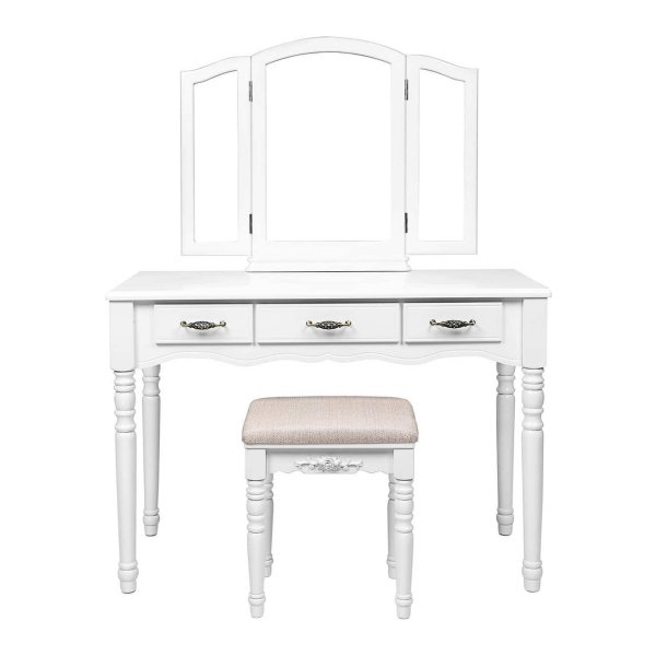 Grote Kaptafel Cosmetische Tafel Kaptafel Met Kruk İnklapbare Draaibare Spiegel 3 Spiegels 3 Laden Wit