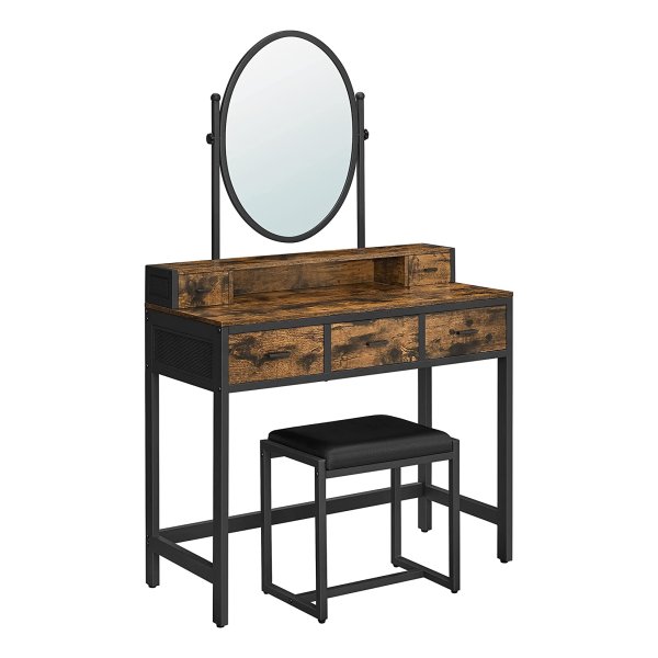 Make-Uptafel, Kaptafel Met Kruk, Make-Uptafel Met Ovale Spiegel En Open Vak, Lades, İndustrieel Design, Voor Slaapkamer, Kleedkamer, Vintage Bruin-Zwart