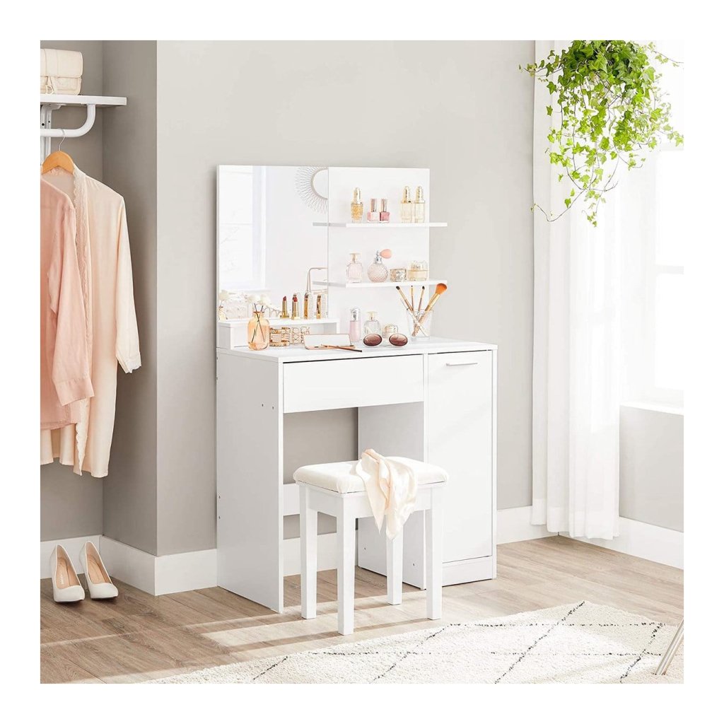 Kaptafel met LED's - 75 x 45 x 156 cm - met 1 kruk 2 lades 1 spiegel - opklapbaar blad - MDF