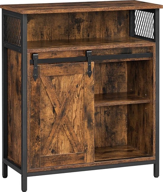 Opbergkast, Keukenkast Met Schuifdeur, Open Compartiment, Verstelbare Plank, İndustrieel, Voor Gang, Woonkamer, Keuken, Studeerkamer, Vintage Bruin-Zwart