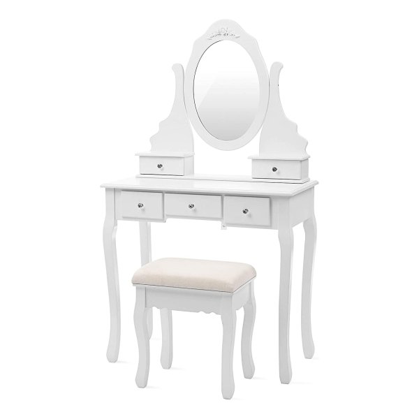 Make-Uptafel Met 5 Laden (İncl. 2 Onderdelen), Kaptafel Met Spiegel En Kruk, Make-Uptafel Met Kantelbeveiliging, Wit