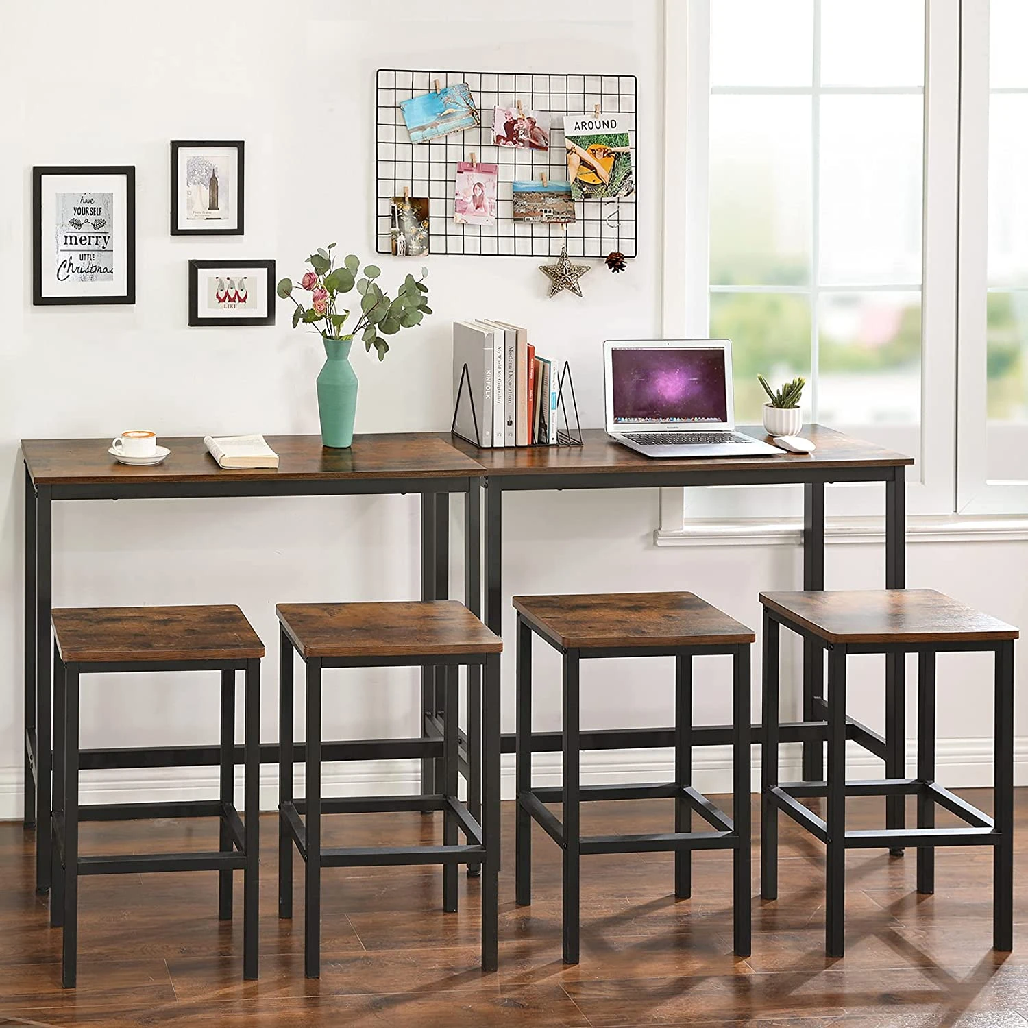 LBT10X keukentafel, aanrecht, rechthoekige statafel, stevig metalen frame, 100 x 40 x 90 cm, eenvoudige montage, smal industrieel ontwerp, vintage bruin / zwart - SimpleDeal.nl