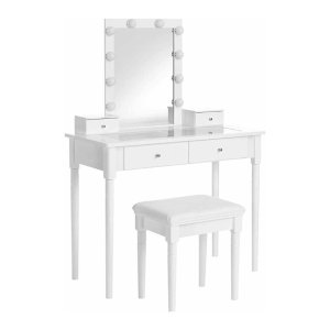 Kaptafel, Kaptafelset, Gewatteerde Kruk En 10 Dimbare Lampen, 2 Grote En 2 Kleine Lades, Transparant Tafelblad Van Gehard Glas, Cadeau-Ä°dee, Wit