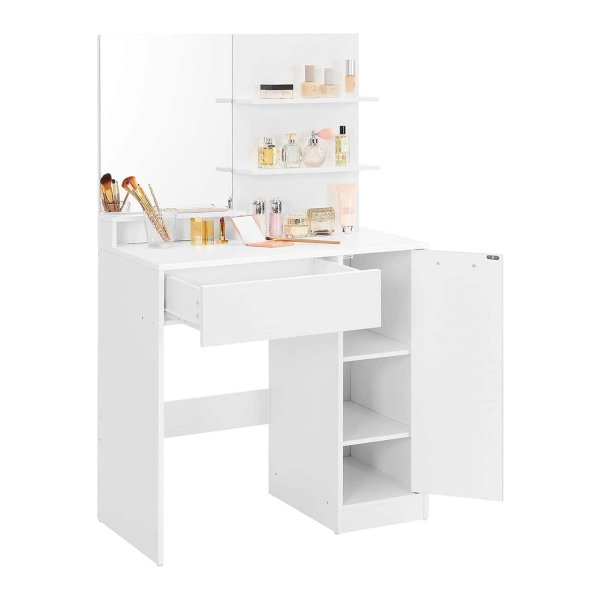 Kaptafel - Make-up tafel - Kaptafel spiegel - Make up tafel met Spiegel - Met krukje – 1 lade - Opbergruimte – Wit