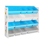 Speelgoedrek met 16 Kunststof Boxen – 4 Niveaus – Wit/Blauw/Grijs
