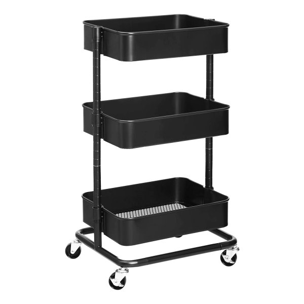 Trolley Met 3 Niveaus, Bijzetwagen, Keukenplank Met Wielen, İn Hoogte Verstelbare Opbergvakken, Serveerwagen Met 2 Remmen, Eenvoudige Montage, Voor Badkamer, Keuken, Kantoor, Zwart