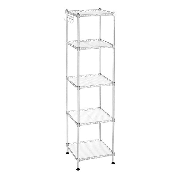 Badkamerrek, Metalen Staand Rek, Robuust, Tot 100 Kg Belastbaar, Met 5 Pp-Platen, Met Uitneembare Haken, 30 X 30 X 123,5 Cm, Uitschuifbaar, Voor Kleine Ruimtes, Zilver