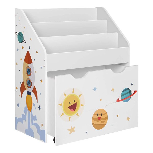 Speelgoedplank, Boekenplank Voor Kinderen, Kinderkamerplank Met 3 Vakken En Uittrekbare Speelgoeddoos Met Wielen, Speelgoed Organizer, Kinderkamer, Voor Boeken, Speelgoed, Wit