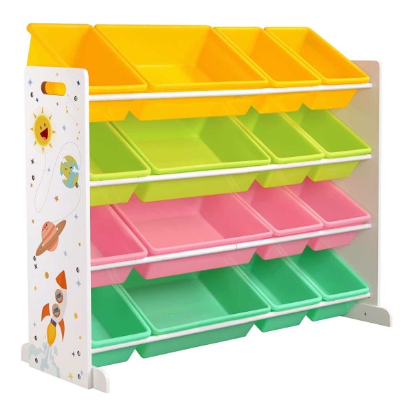 Speelgoedplank, Speelgoedorganizer, Kinderkamerplank Met 16 Verwijderbare Pp-Plastic Dozen, Voor Kinderkamers, Speelkamers, Scholen, Geel, Lichtgroen, Roze En Samargd Groen