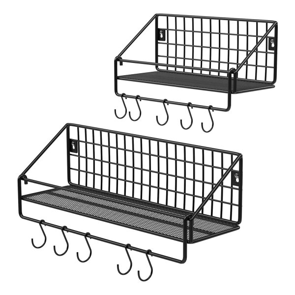 Wandplanken İn İndustrieel Design, Gemaakt Van Metaal, Belastbaar Tot 15 Kg Per Plank, Set Van 2, Keukenplanken, Met 10 Haken, Voor Slaapkamer En Woonkamer, Zwart