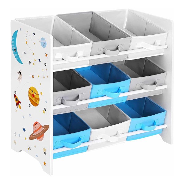 Kinderkamerplank, Speelgoed Organizer, Boekenkast Voor Kinderen, Met 9 Opbergdozen Van Fleece, Kinderkamer, School, Kleuterschool, 62,5 X 29,5 X 60 Cm, Ruimtemotieven, Wit