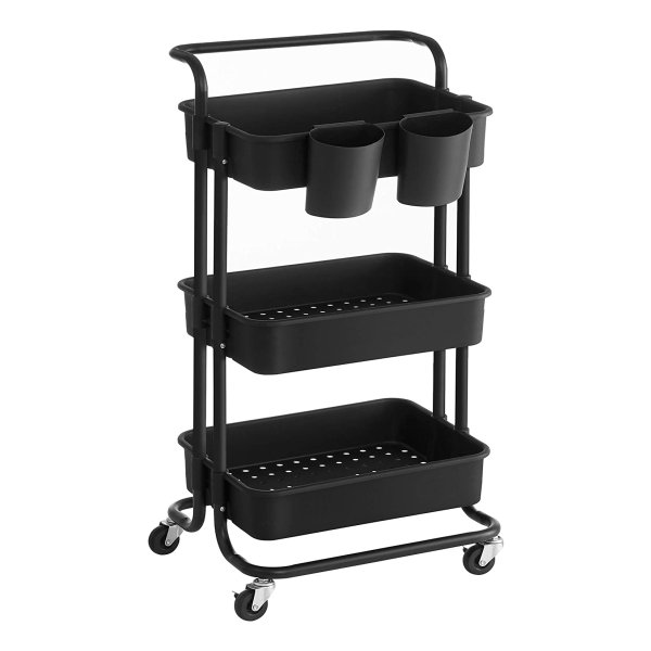 Keukentrolley met Wielen - Mobiele Trolley - Serveerwagen met 3 Niveaus – Zwart