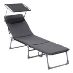 Ligstoel, Ligstoel Met 3 Cm Dikke Steun, Hoofdsteun, Luifel, Verstelbare Rugleuning, Opklapbaar, 53 X 193 X 29,5 Cm, Tot 150 Kg Draagvermogen, Tuin, Balkon, Donkergrijs