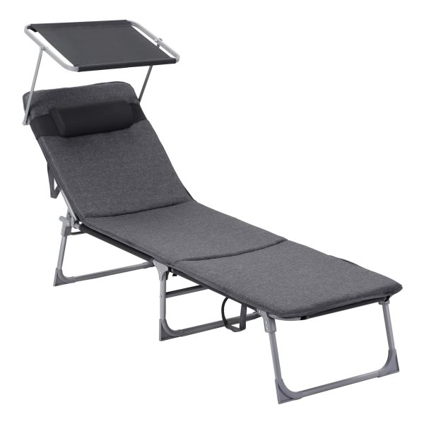 Ligstoel, Ligstoel Met 3 Cm Dikke Steun, Hoofdsteun, Luifel, Verstelbare Rugleuning, Opklapbaar, 53 X 193 X 29,5 Cm, Tot 150 Kg Draagvermogen, Tuin, Balkon, Donkergrijs