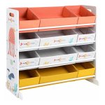 Speelgoedrek met 12 Stoffen Opbergbakken – Organizer voor Boeken en Speelgoed – Wit
