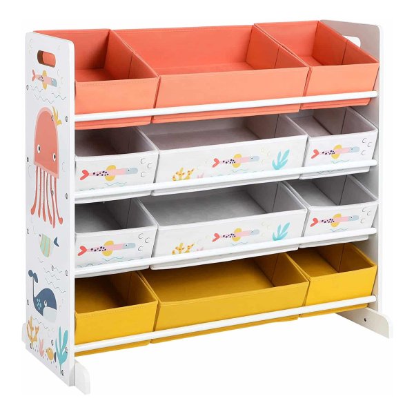 Speelgoedrek met 12 Stoffen Opbergbakken – Organizer voor Boeken en Speelgoed – Wit