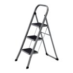 Klaptrap Met 3 Treden, Trapladder, Ladder, 20 Cm Brede Treden Met Anti-Slip Rubberen Matten, Anti-Slip Voeten, Met Leuning, Tot 150 Kg Belastbaar, Van Staal, Grijs-Zwart