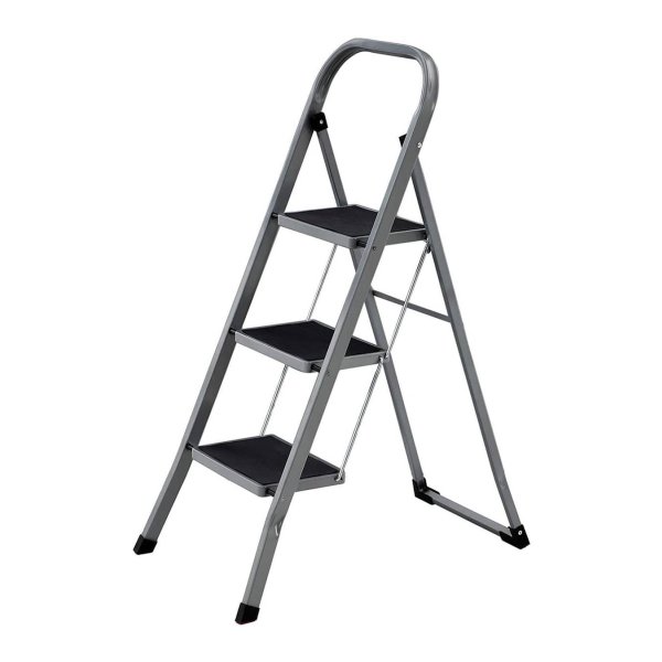 Klaptrap Met 3 Treden, Trapladder, Ladder, 20 Cm Brede Treden Met Anti-Slip Rubberen Matten, Anti-Slip Voeten, Met Leuning, Tot 150 Kg Belastbaar, Van Staal, Grijs-Zwart