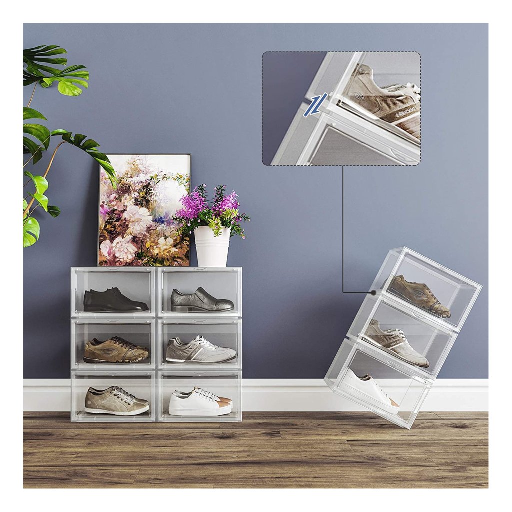 SONGMICS Transparante schoenendozen, set van 12 schoenopbergorganisten, stapelbaar, ademend en opvouwbaar, voor max. UK maat 11,5, displaytrainers, hoge hakken, transparant en wit LSP107W01