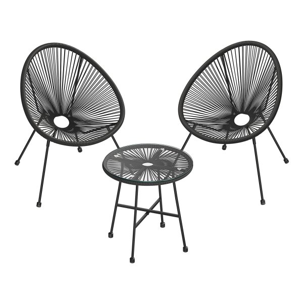 Balkonmeubilair, Tuinmeubelset, Set Van 3, Zitgroep, Terrasmeubilair, Glazen Tafelblad, 2 Stoelen, Voor Binnen En Buiten, Voor Patio, Tuin, Balkon, Buiten, Zwart