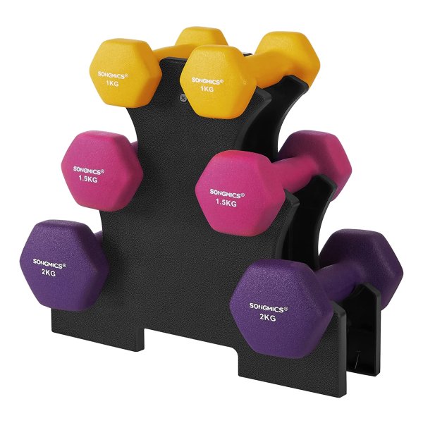Halterset, Hexagon, Met Halterstandaard, 2 X 1 Kg, 2 X 1,5 Kg, 2 X 2 Kg, Matte Afwerking, Neopreen Coating, Krachttraining Voor Vrouwen, Thuis, Ä°n De Sportschool