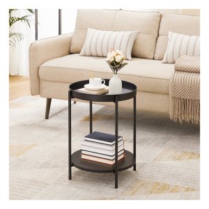 Salontafel Met 2 Planken, Ronde Bank Bijzettafel Met Verplaatsbaar Blad, Salontafel, Metalen Frame, Voor Woonkamer En Slaapkamer, Zwart