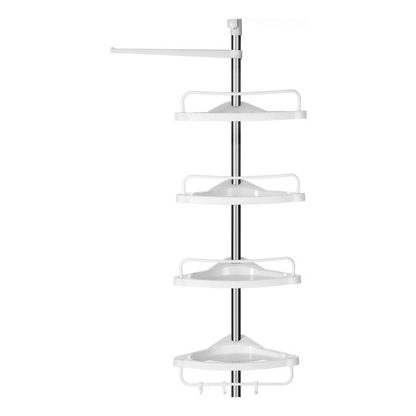 Doucheplank Ä°n Hoogte Verstelbaar, Hoekplank Voor Badkamer, Badkamerplank, 95-300 Cm, Vloer Tot Plafond, Roestvrij Staal, 4 Planken, 3 Haken, 1 Handdoekhouder, Wit-Zilver