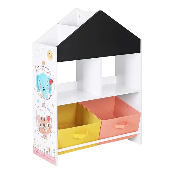Kinderkamerplank, Speelgoedorganizer, Speelgoedplank Met Schoolbord, Multifunctionele Opbergdozen, Plank, Voor Kinderkamers, Speelkamers, Wit, Zwart, Oranje En Geel