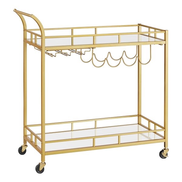 Serveerwagen, Trolley Met Wielen, Glashouder, 2 Glazen Leggers, Bar Trolley, Wijn Trolley, Voor Keuken, Eetkamer, Bar, Goudkleurig