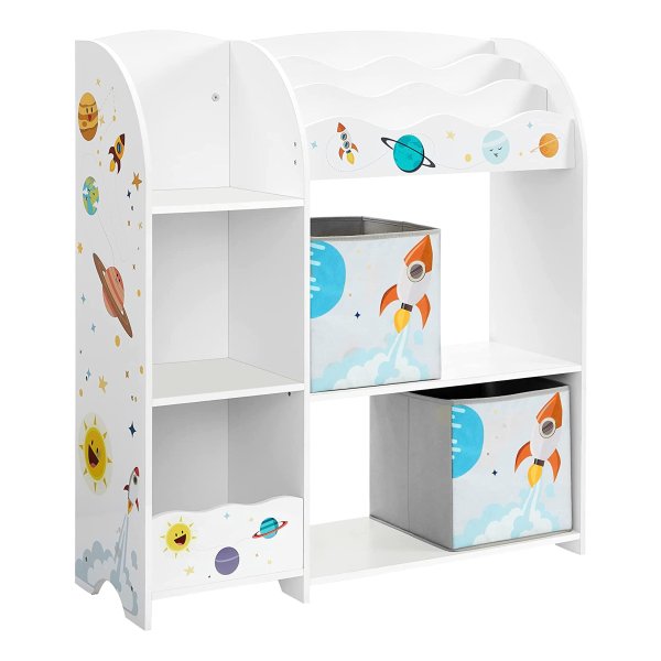 Kinderkamerplank, Speelgoed Organizer, Boekenkast Voor Kinderen, Multifunctionele Plank Met 2 Opbergboxen, Stickers Met Ruimtemotieven, Kinderkamer, Slaapkamer, Wit